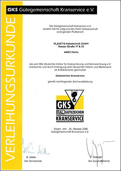 PLANETA-Hebetechnik GmbH ist Mitglied der GKS (Gütegemeinschaft Kranservice e.V.)